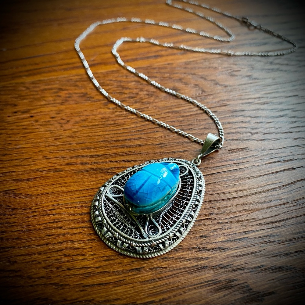 Signed Mid-Century Mexico 925 Sterling Silver Scarab Pendant Chain OOAK Necklace